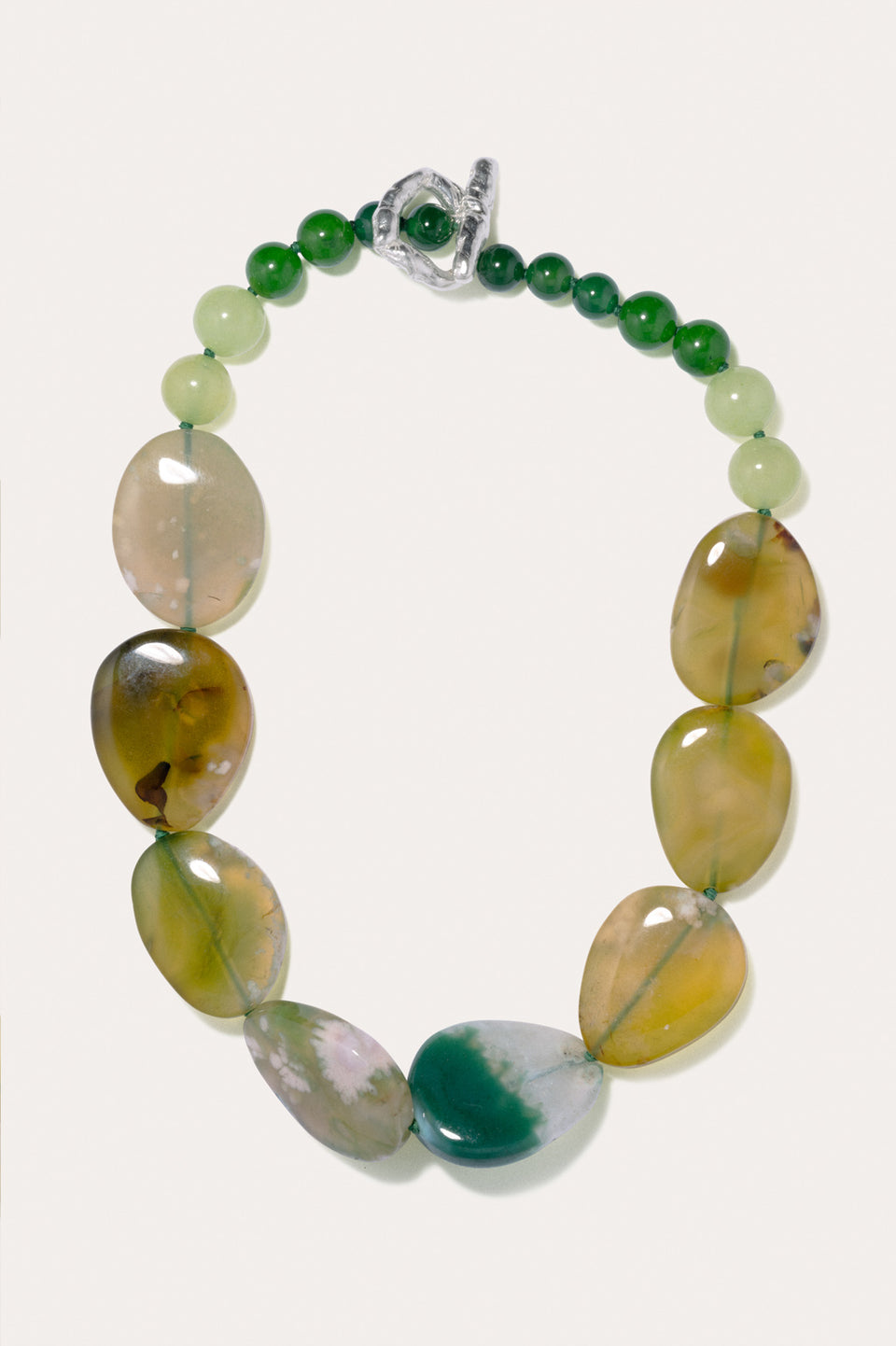 Time Will Say Nothing But "I Told You So" - Olive Cherry Blossom Agate and Green Calcite Silver Plated Necklace
