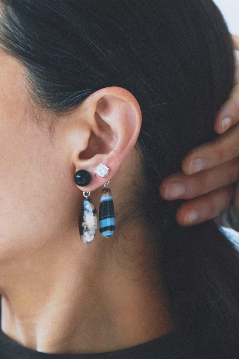 Trace of the Infinite - Banded Agate and Zirconia Recycled Silver Earrings