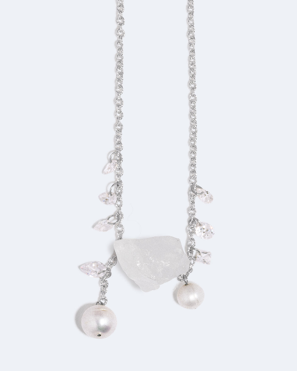 H89 - Collier en argent recyclé perle, oxyde de zirconium et cristal de roche