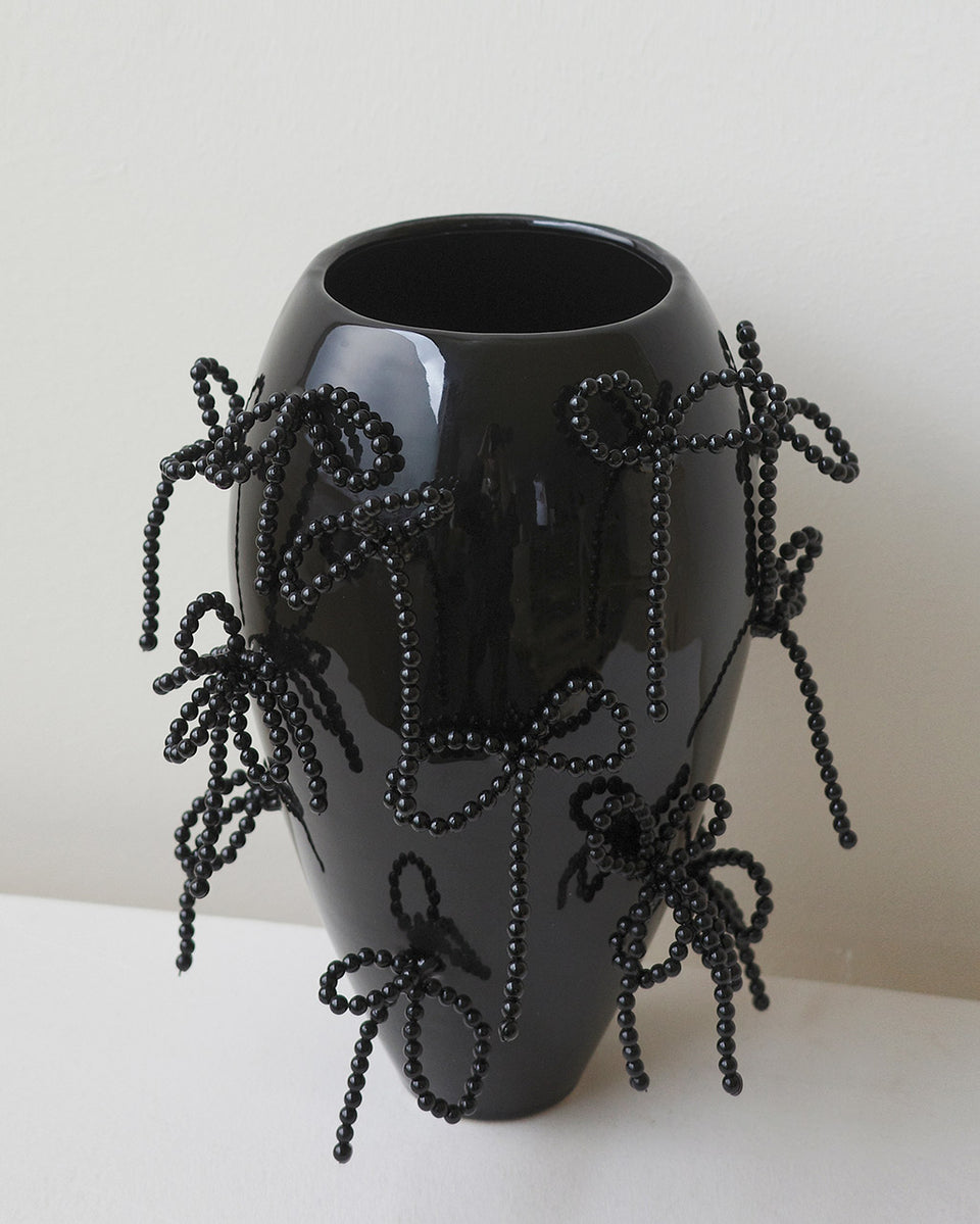 Power, Corruption, Lies - Large Vase In Gloss Black w/ Faux Pearl Bows