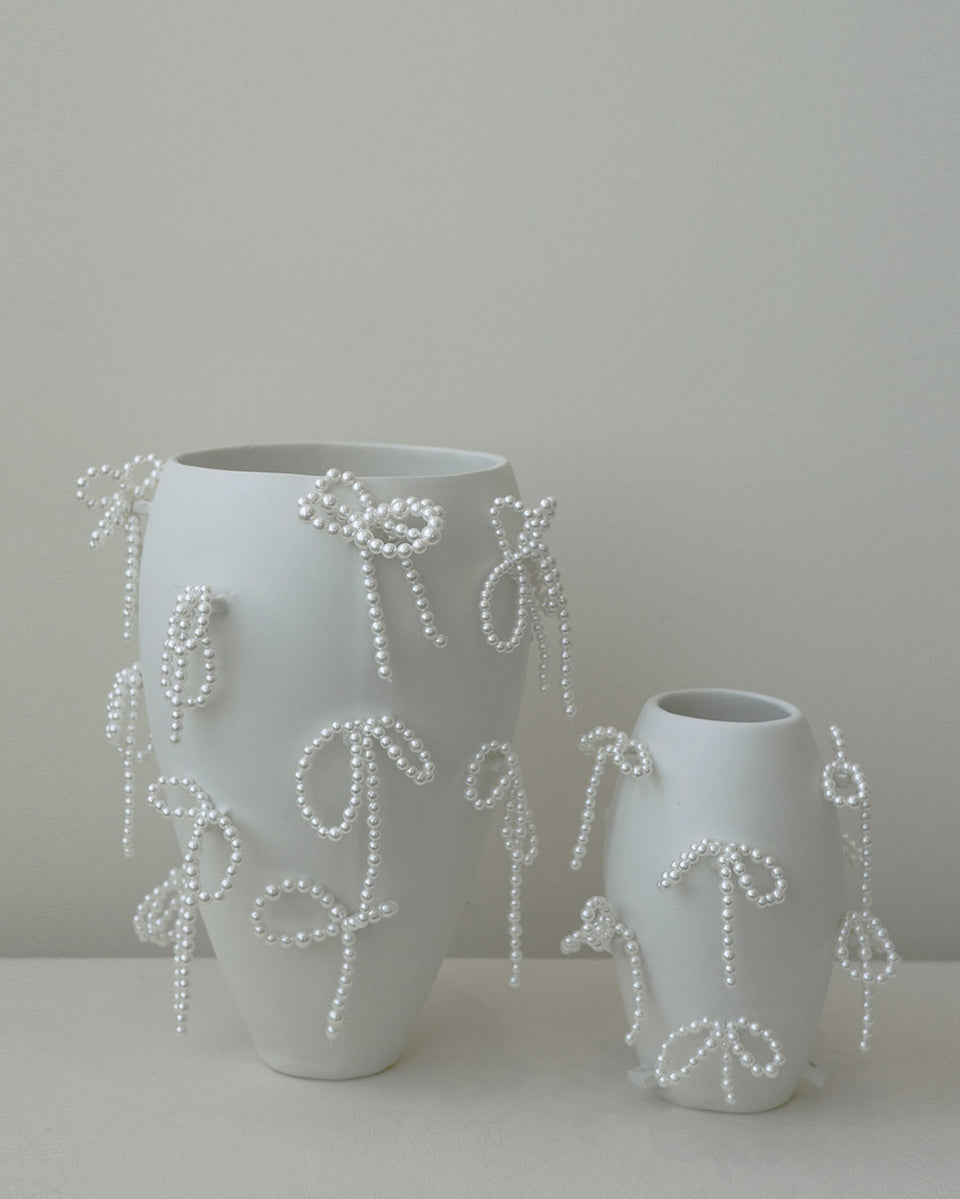 "Notsobig" Power, Corruption, Lies - Small Vase In Matte White w/ Faux Pearl Bows