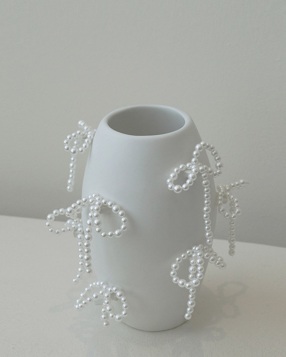 "Notsobig" Power, Corruption, Lies - Small Vase In Matte White w/ Faux Pearl Bows