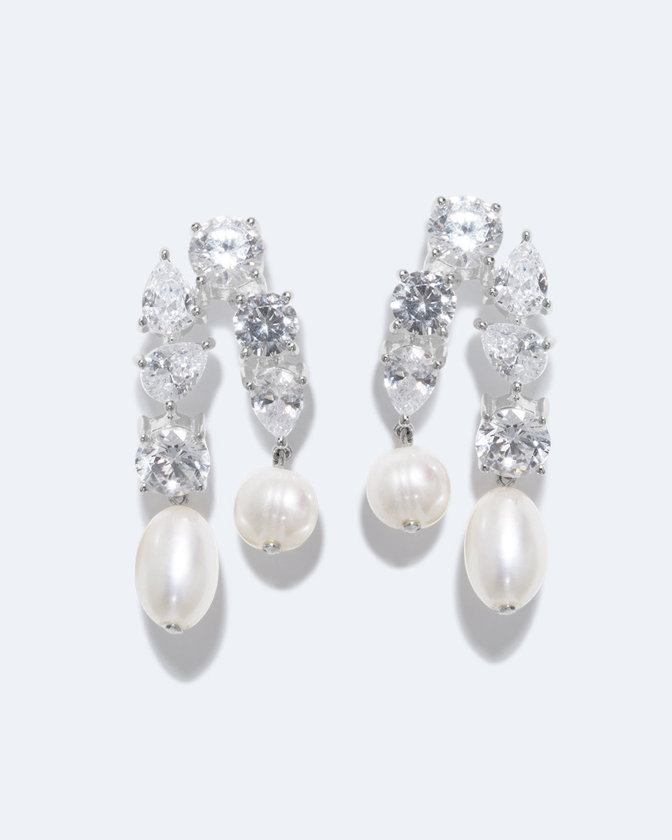 Cascading - Pearl and Zirconia Recycled Silver Earrings