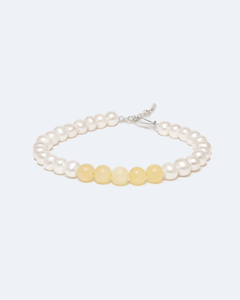 So Far So Good - Pearl and Yellow Jade Bead Platinum Plated Bracelet