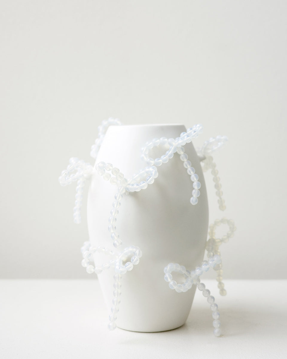 "Notsobig" Power, Corruption, Lies - Small Vase In Matte White w/ Iridescent Opalite Bows
