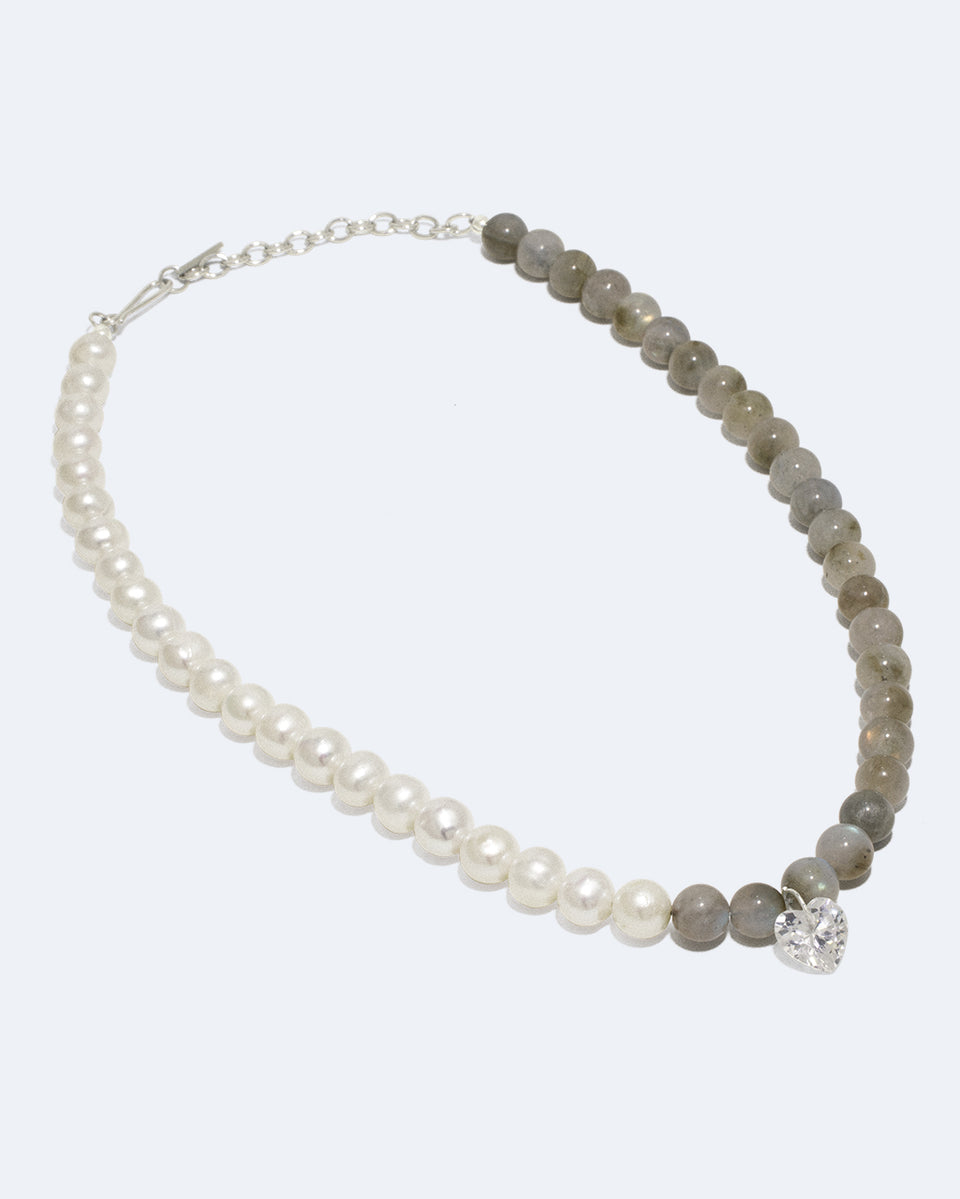 Fee‐fi‐fo‐fum - Pearl, Cubic Zirconia and Labradorite Bead Rhodium Plated Necklace