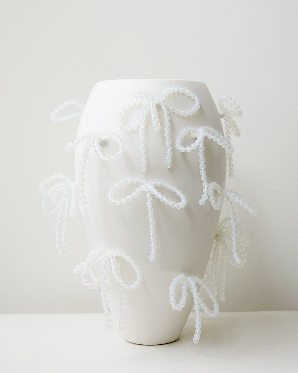 Power, Corruption, Lies - Large Vase In Matte White w/ Iridescent Opalite Bows