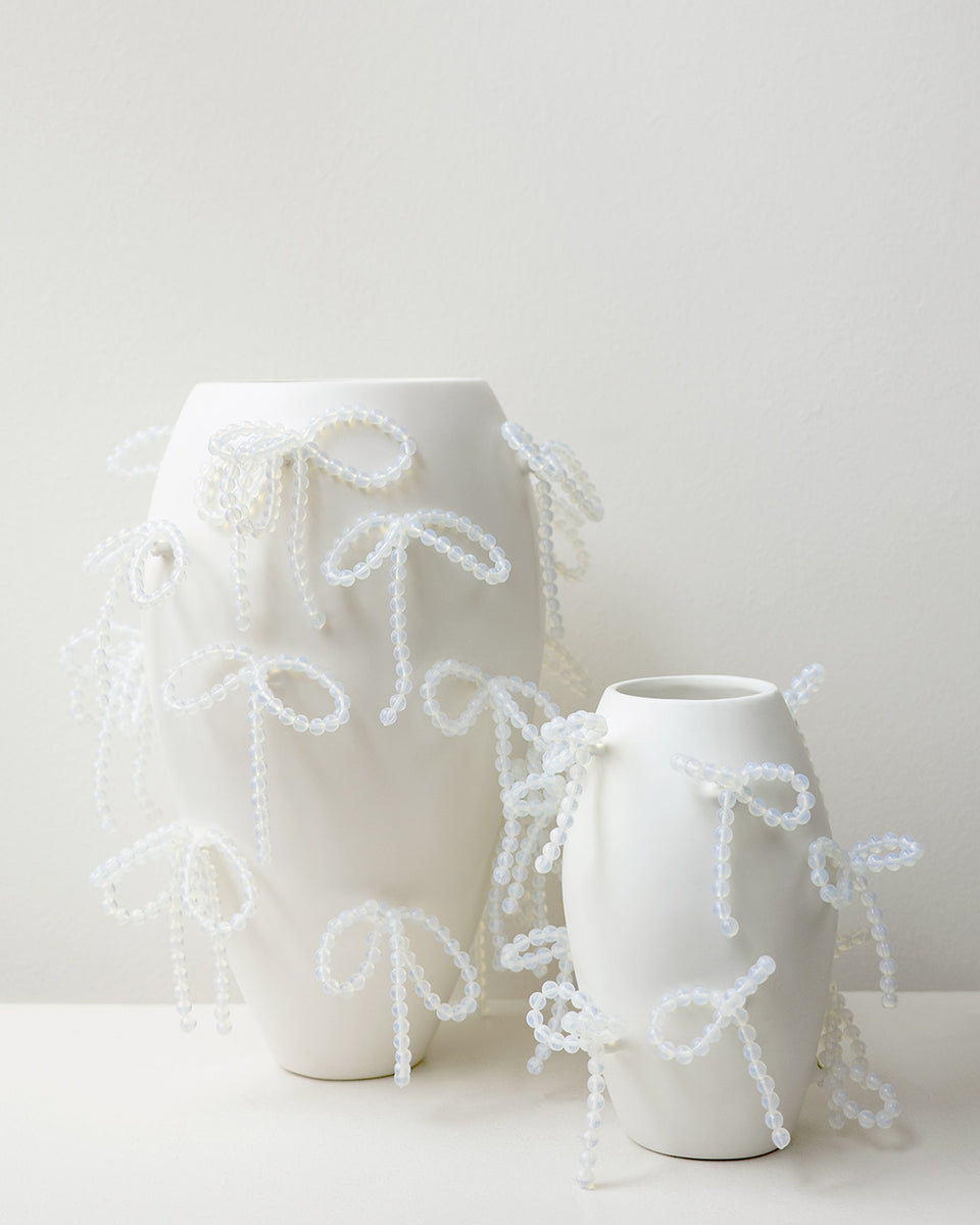 Power, Corruption, Lies - Large Vase In Matte White w/ Iridescent Opalite Bows