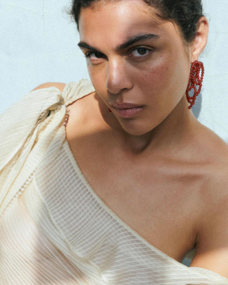 La Toile que Nous Tissons - Boucles d'oreilles en agate dentelle rouge et argent recyclé