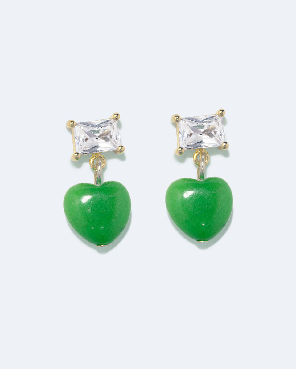 La fenêtre du cœur - Boucles d'oreilles en Vermeil d'or recyclé avec perle cœur verte et oxyde de zirconium