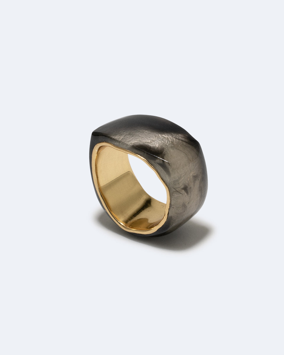 Un cercle vertueux ? - Bague chevalière en résine bio Quartz Fumé et Vermeil