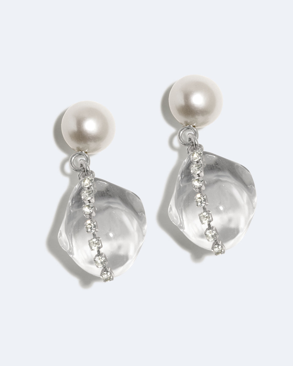 Entre les marées – Boucles d'oreilles plaquées rhodium en résine transparente et strass