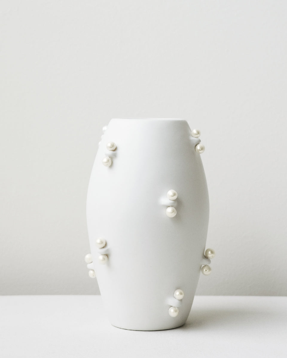 Pincé - Petit Vase Blanc Mat avec Perle d'Eau Douce
