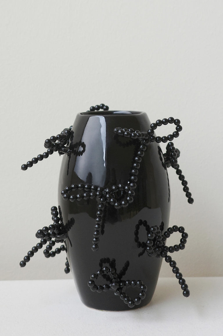 "Notsobig" Power, Corruption, Lies - Small Vase In Gloss Black w/ Faux Pearl Bows