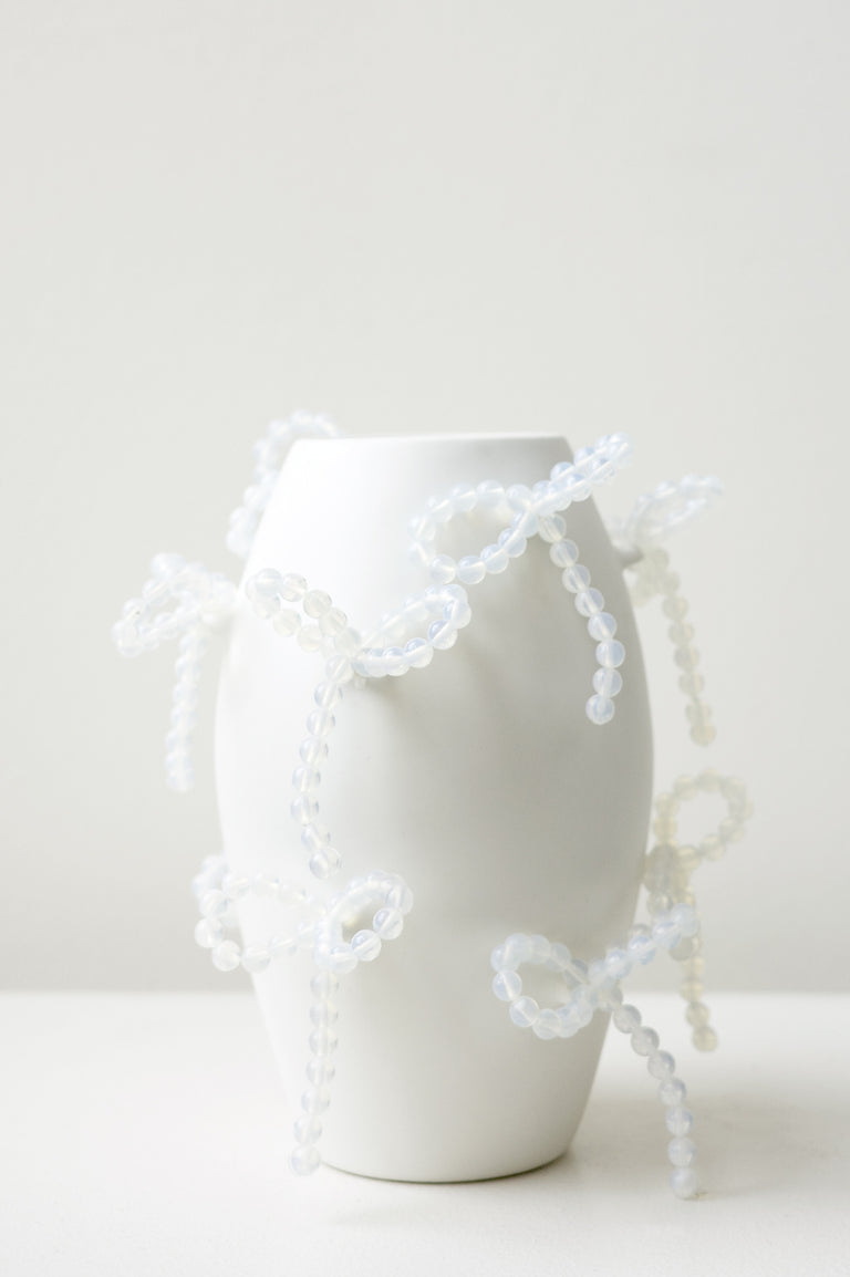 "Notsobig" Power, Corruption, Lies - Small Vase In Matte White w/ Iridescent Opalite Bows