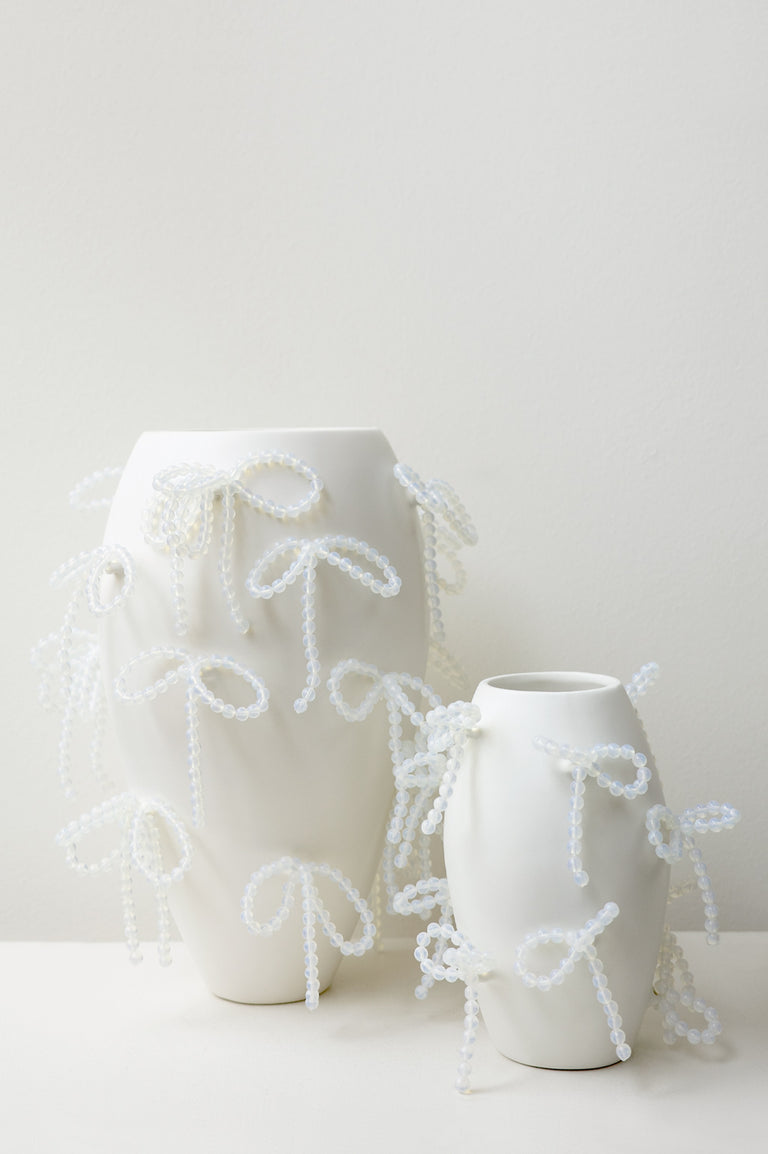 "Notsobig" Power, Corruption, Lies - Small Vase In Matte White w/ Iridescent Opalite Bows