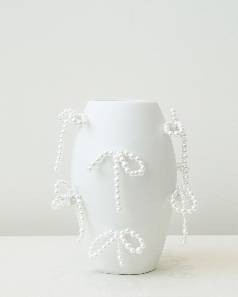 Vase « Notsobig » Pouvoir, Corruption, Mensonges - Petit en Blanc Mat avec Nœuds en Fausse Perle