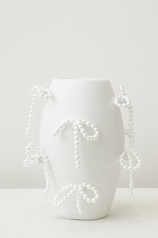 Vase « Notsobig » Pouvoir, Corruption, Mensonges - Petit en Blanc Mat avec Nœuds en Fausse Perle