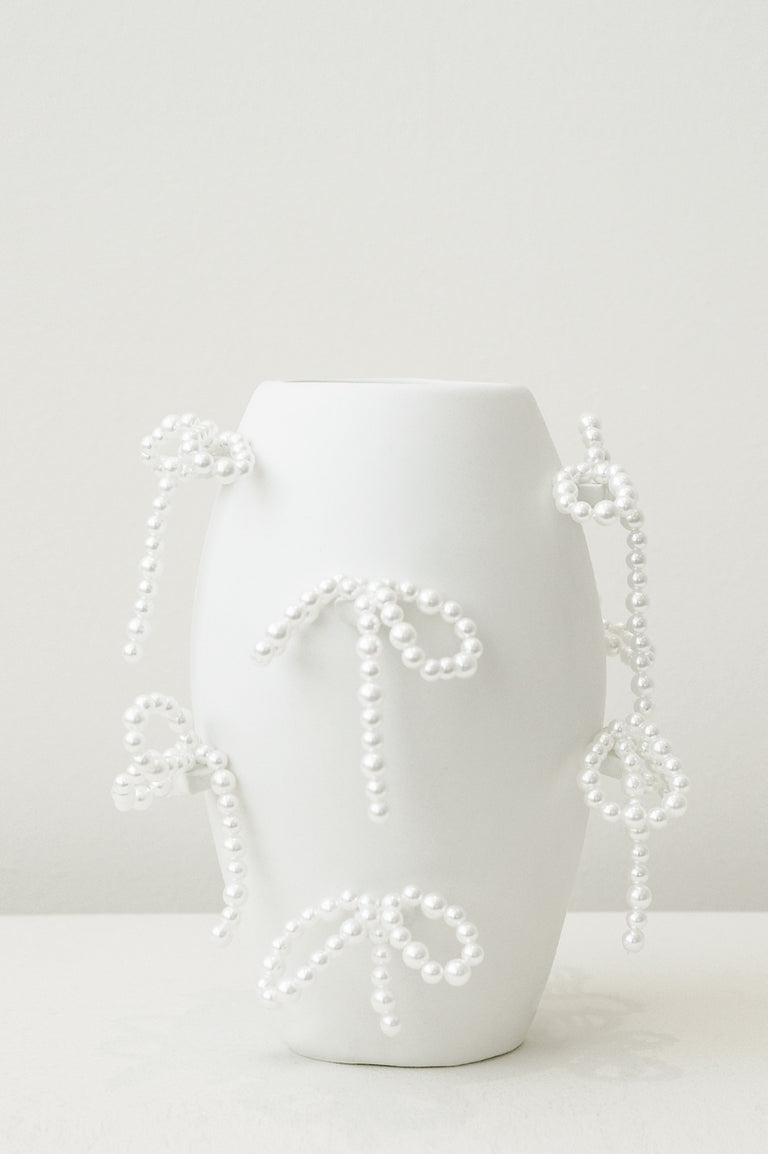 "Notsobig" Power, Corruption, Lies - Small Vase In Matte White w/ Faux Pearl Bows