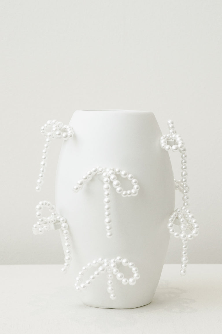 Pearly Pearl - Small Vase In Matte White w/ Faux Pearl Bows