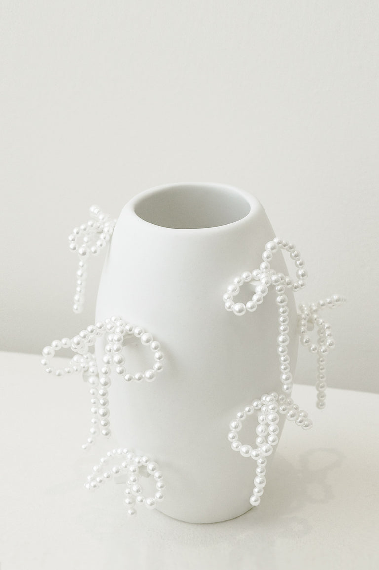 "Notsobig" Power, Corruption, Lies - Small Vase In Matte White w/ Faux Pearl Bows