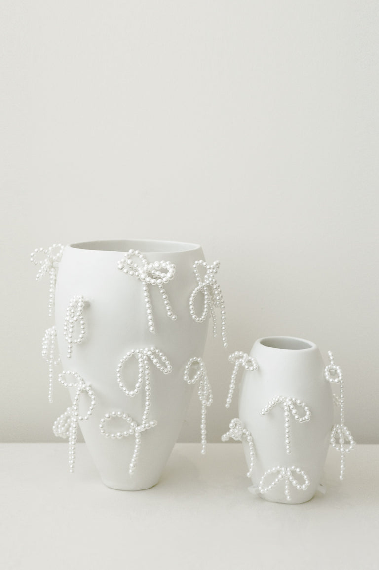 "Notsobig" Power, Corruption, Lies - Small Vase In Matte White w/ Faux Pearl Bows
