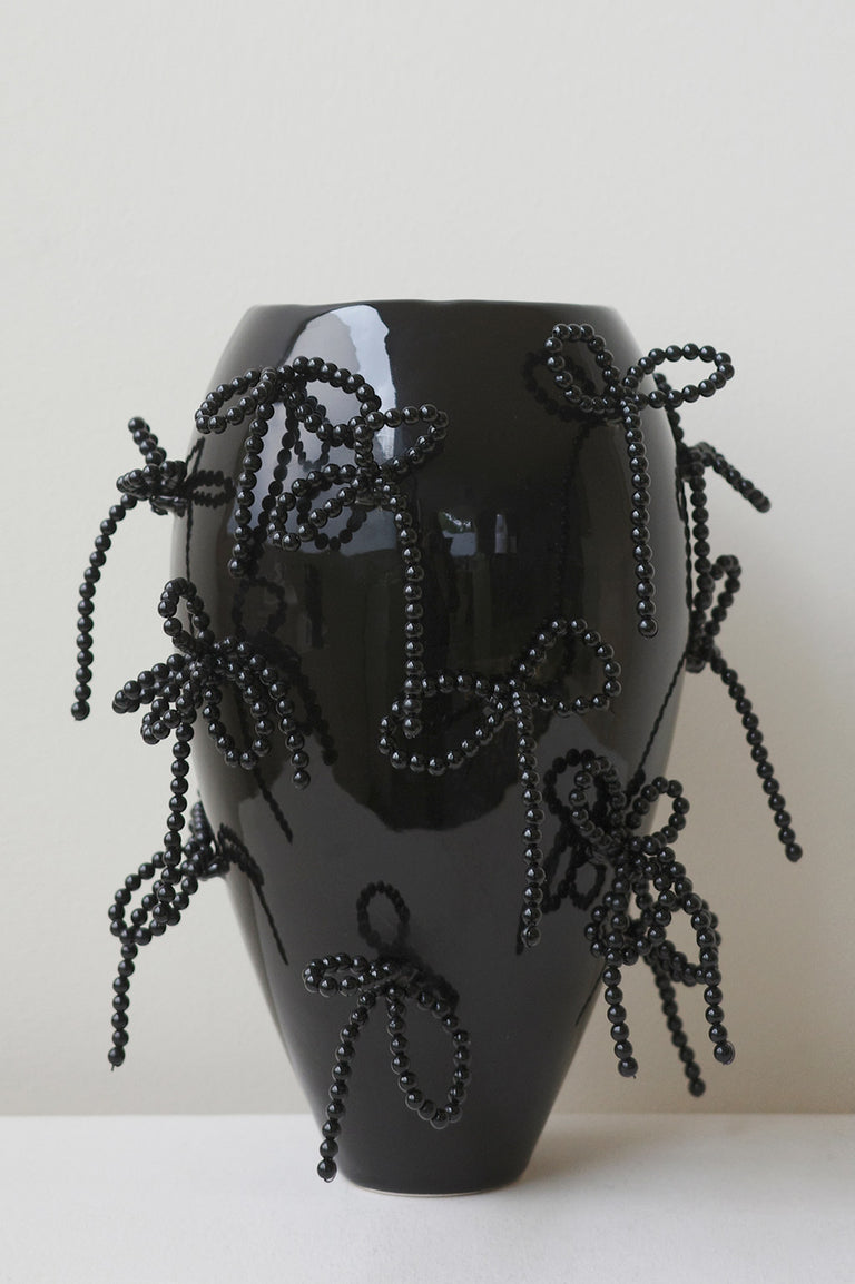 Power, Corruption, Lies - Large Vase In Gloss Black w/ Faux Pearl Bows