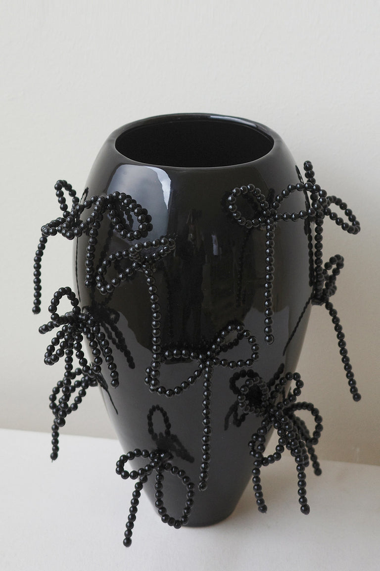 Power, Corruption, Lies - Large Vase In Gloss Black w/ Faux Pearl Bows