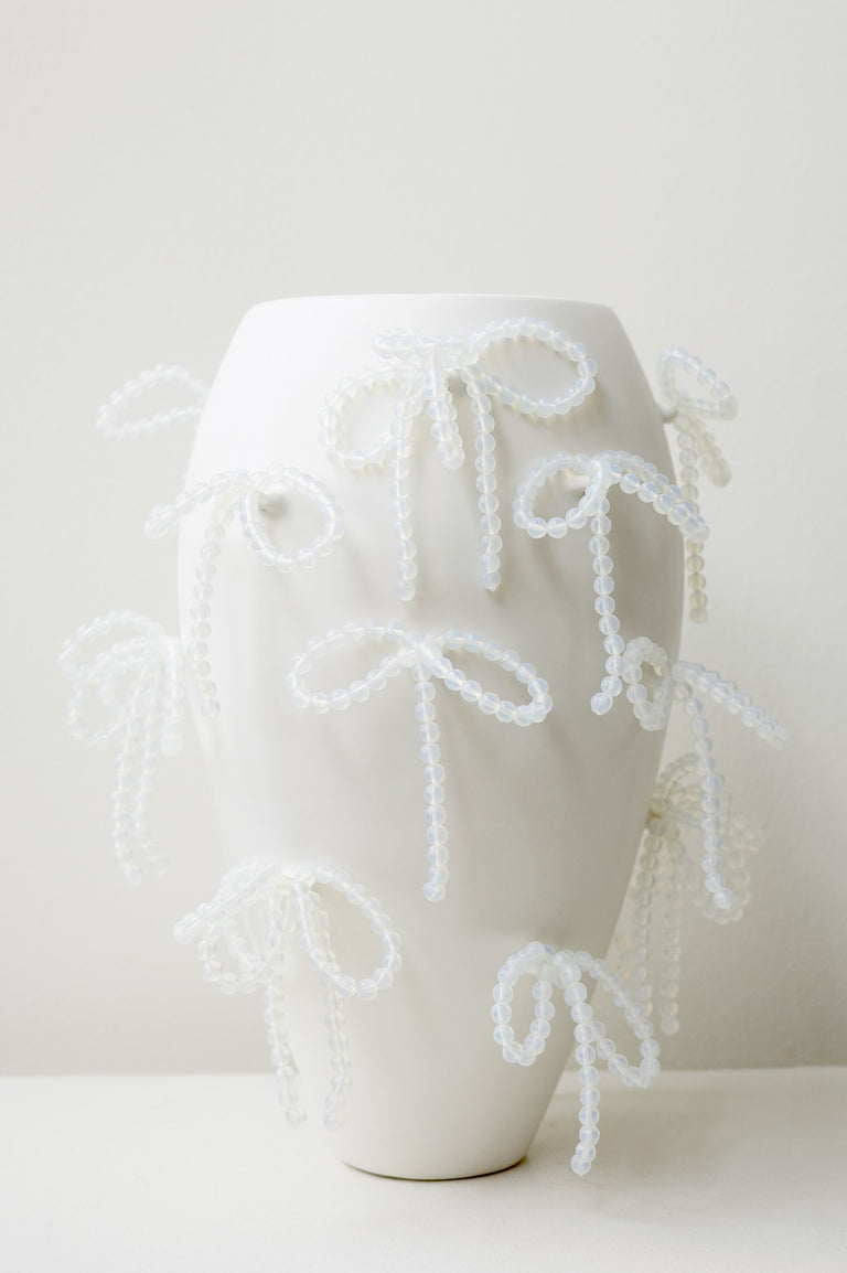 Power, Corruption, Lies - Large Vase In Matte White w/ Iridescent Opalite Bows