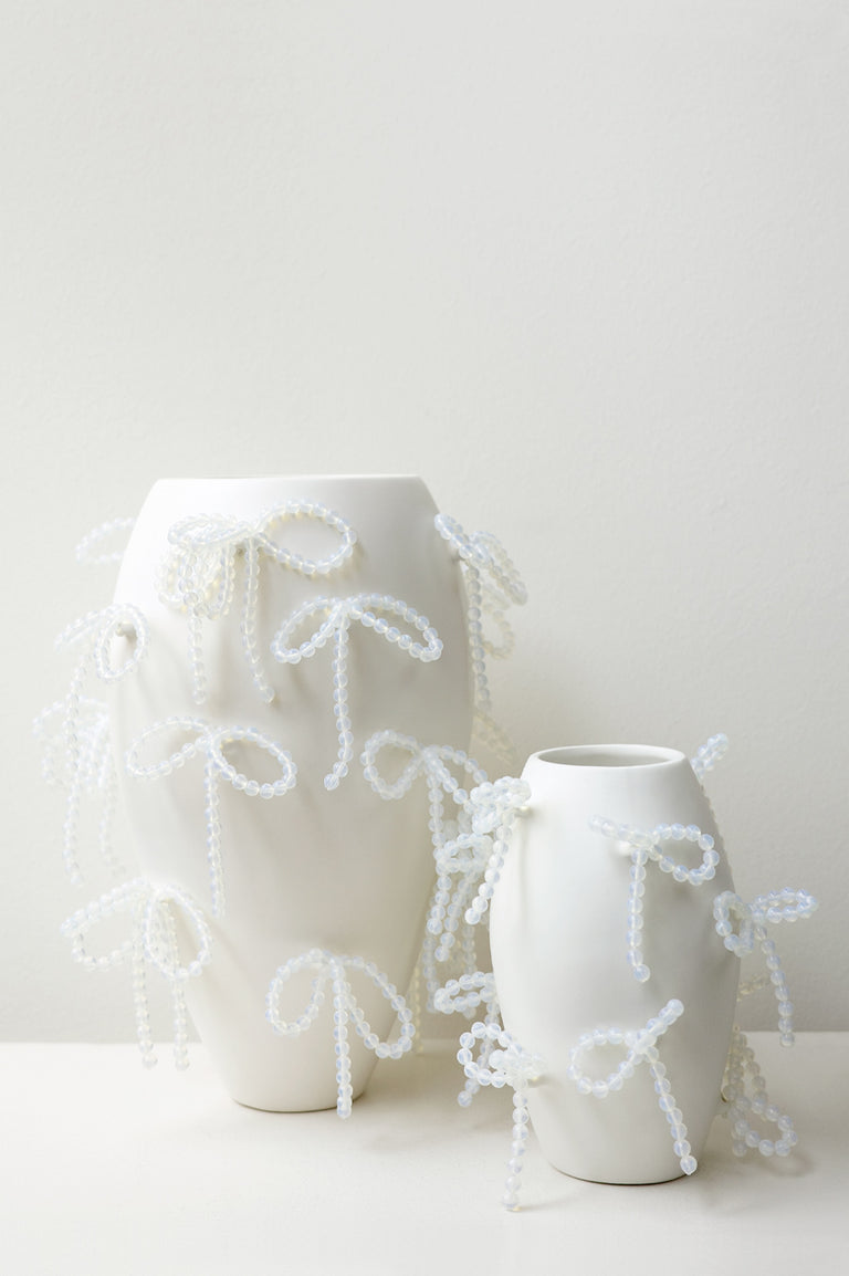 Power, Corruption, Lies - Large Vase In Matte White w/ Iridescent Opalite Bows