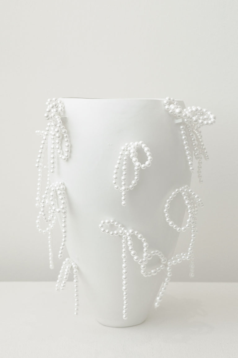Power, Corruption, Lies - Large Vase In Matte White w/ Faux Pearl Bows