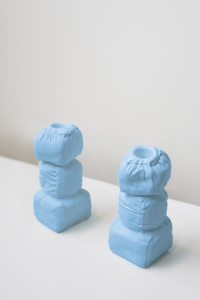 "Stuffed" - Set of 2 Candlesticks in Matte Blue