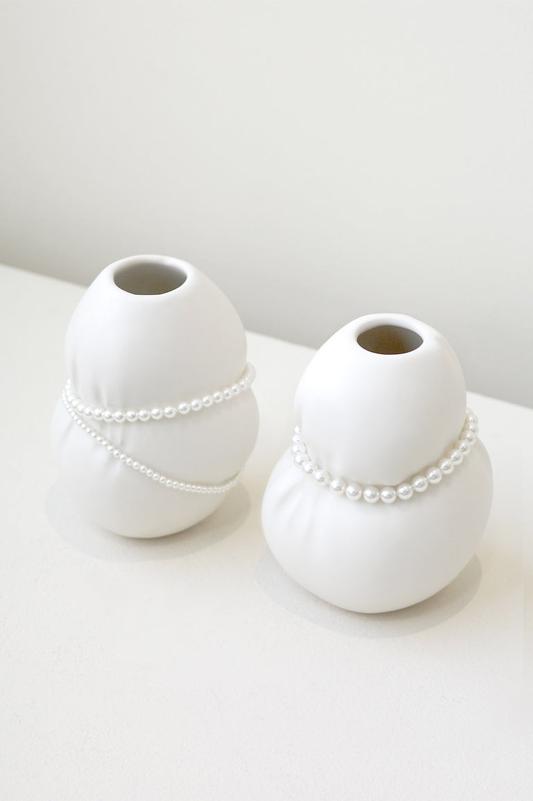 B32 - Set of 2 Small Vessels in Matte White w/ Faux Pearls