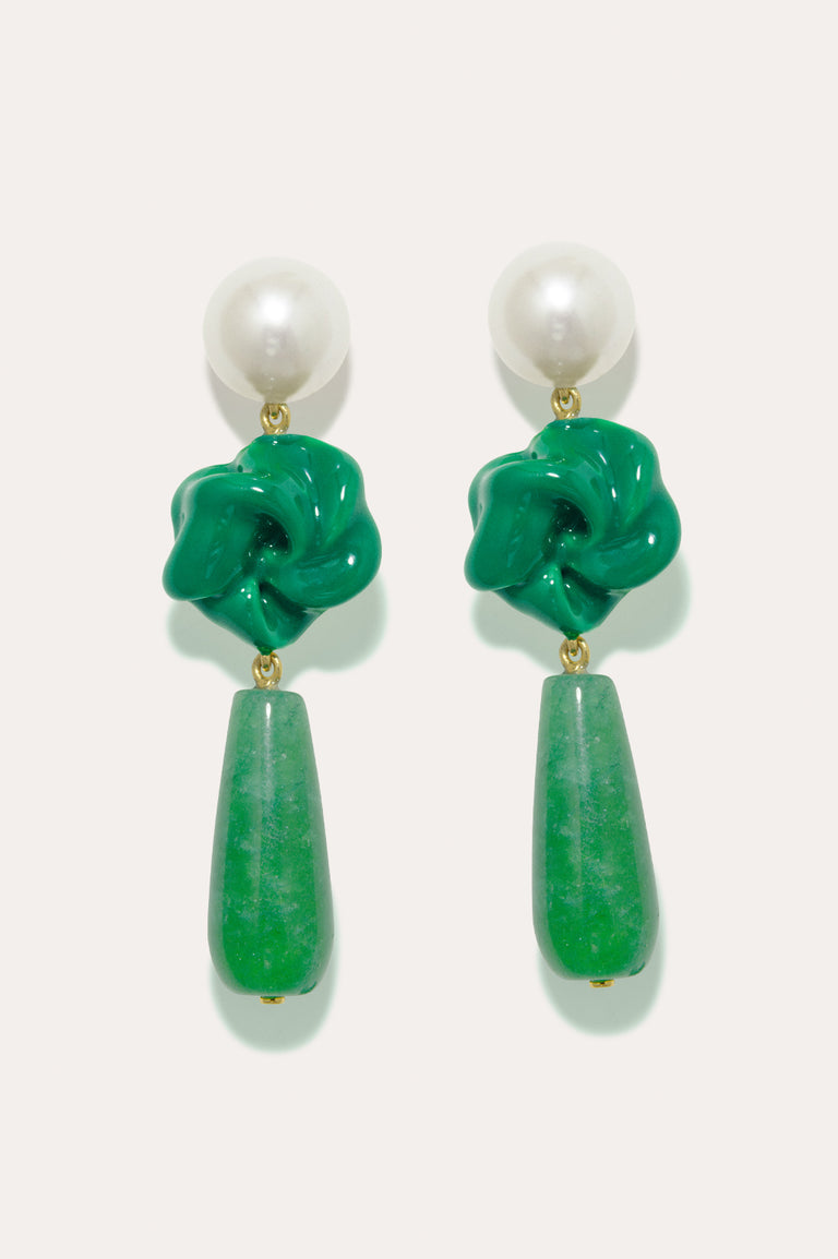 Les Profondeurs du Temps - Boucles d'oreilles en Vermeil d'Or Recyclé avec Perle, Calcédoine Verte et Émail