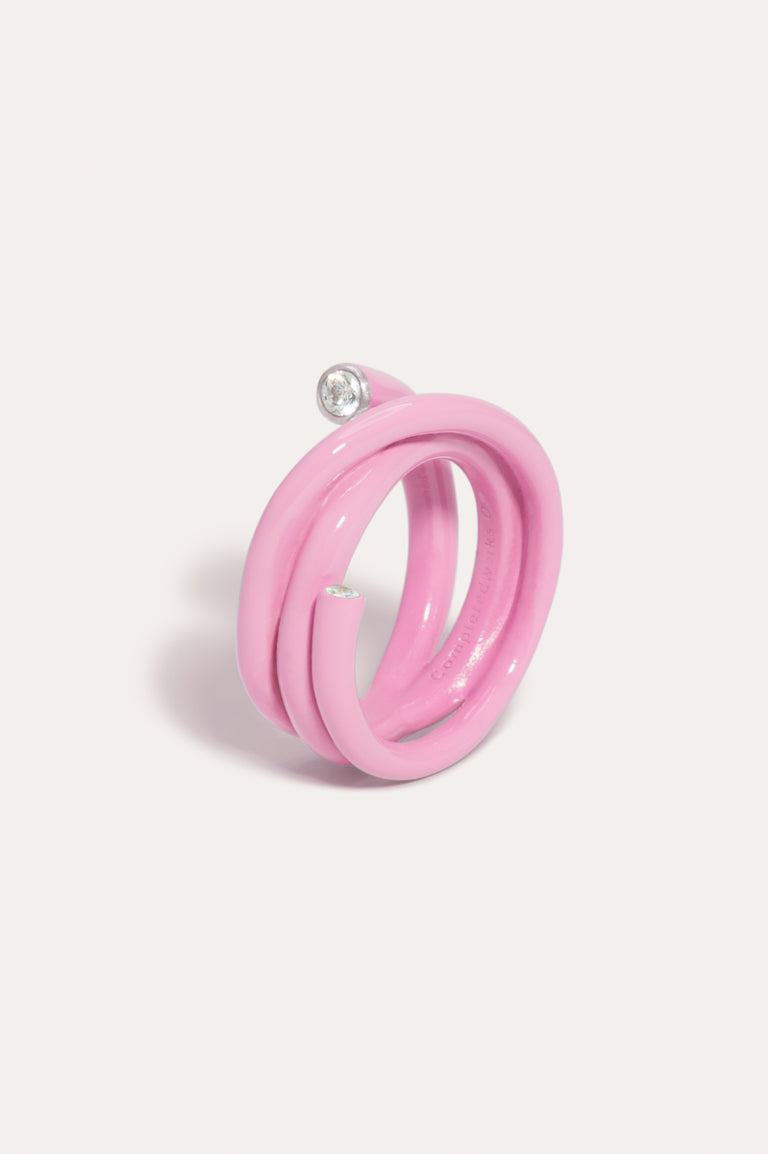 E04 - Pink Enamel and Zirconia Recycled silver Ring