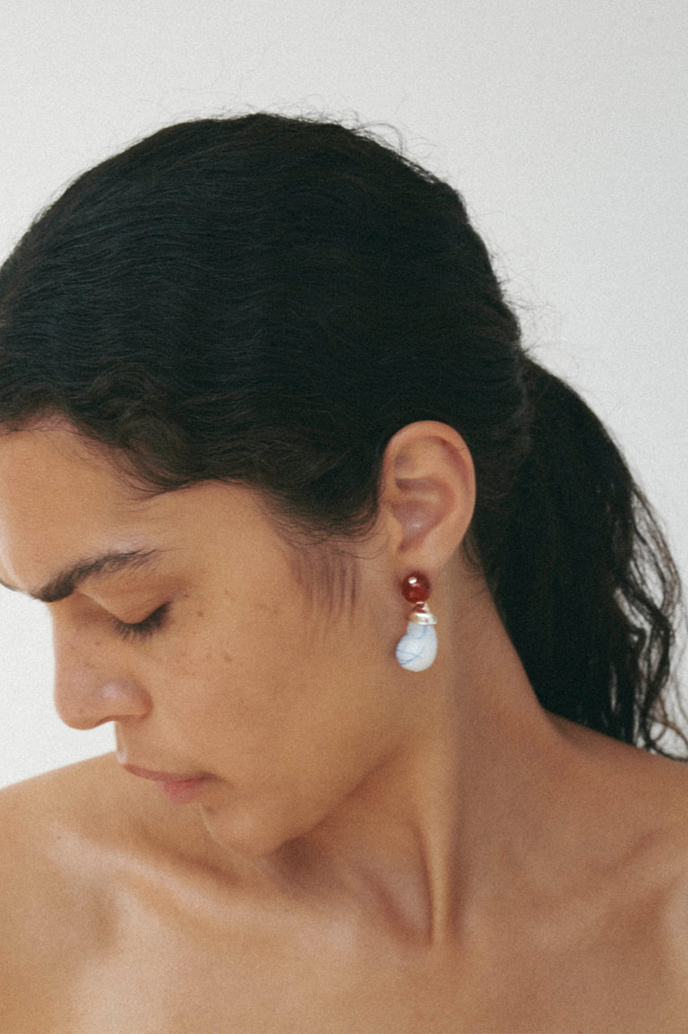 Beak - Pink Bio Resin and Red Lace Agate Recycled Silver Earrings