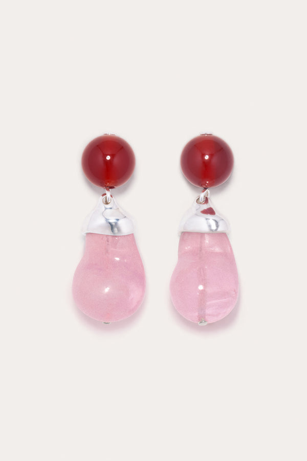 Beak - Boucles d'oreilles en argent recyclé avec résine bio rose et agate dentelle rouge