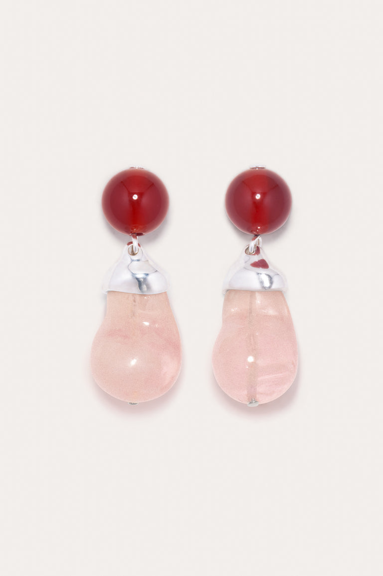 F64 - Pink Bio Resin and Red Lace Agate Recycled Silver Earrings