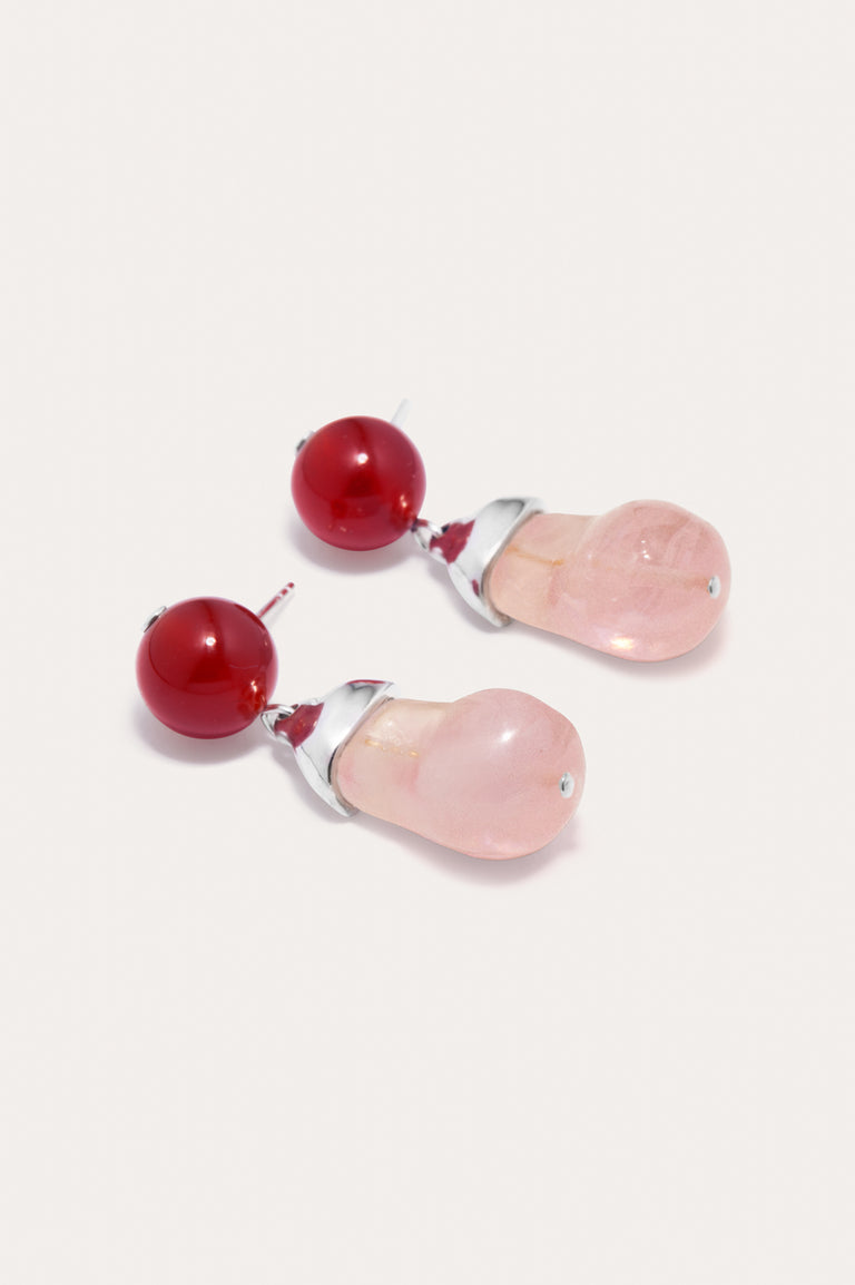 F64 - Pink Bio Resin and Red Lace Agate Recycled Silver Earrings