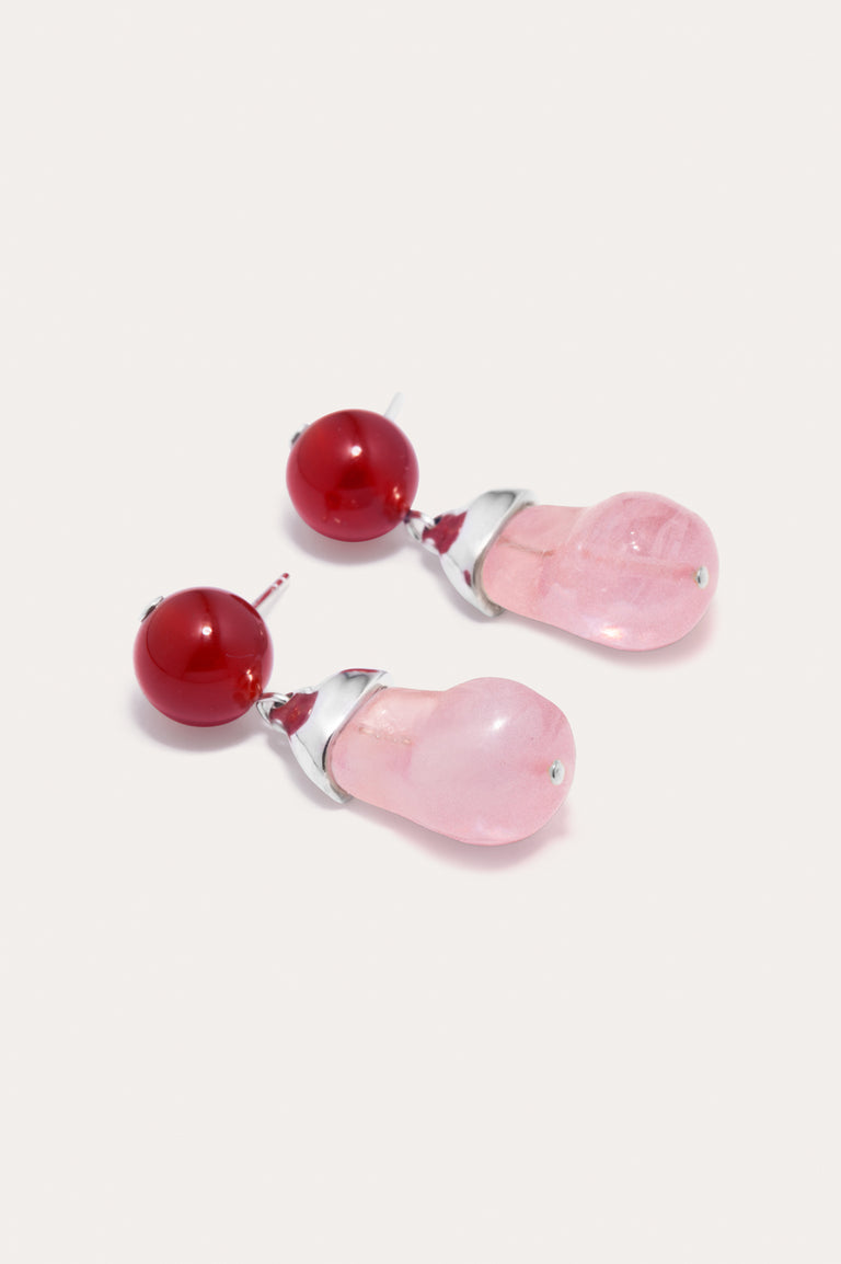 Beak - Pink Bio Resin and Red Lace Agate Recycled Silver Earrings