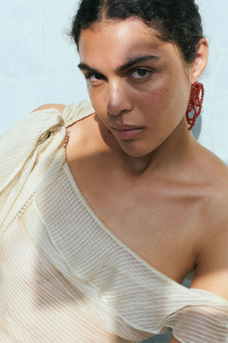 La Toile que Nous Tissons - Boucles d'oreilles en agate dentelle rouge et argent recyclé