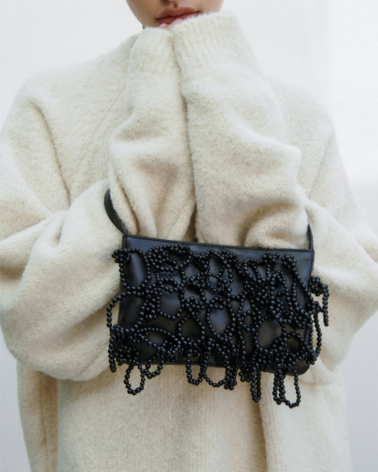 Le Sac à Main Perle Nacrée - Perles et Cuir Noir