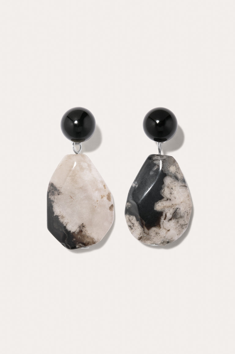 The Chorus of Falling Leaves - Black Cherry Blossom Agate and Black Onyx Recycled Silver Earrings