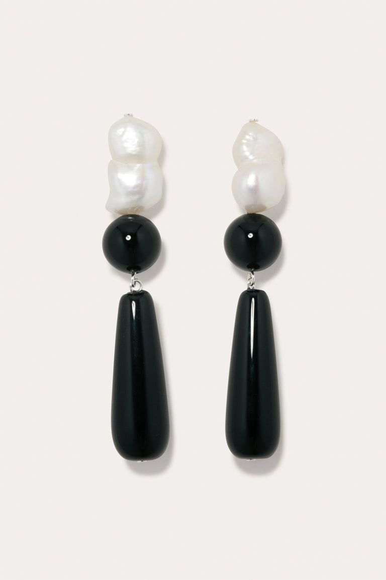 Tarn II - Pearl and Black Onyx Recycled Silver Earrings