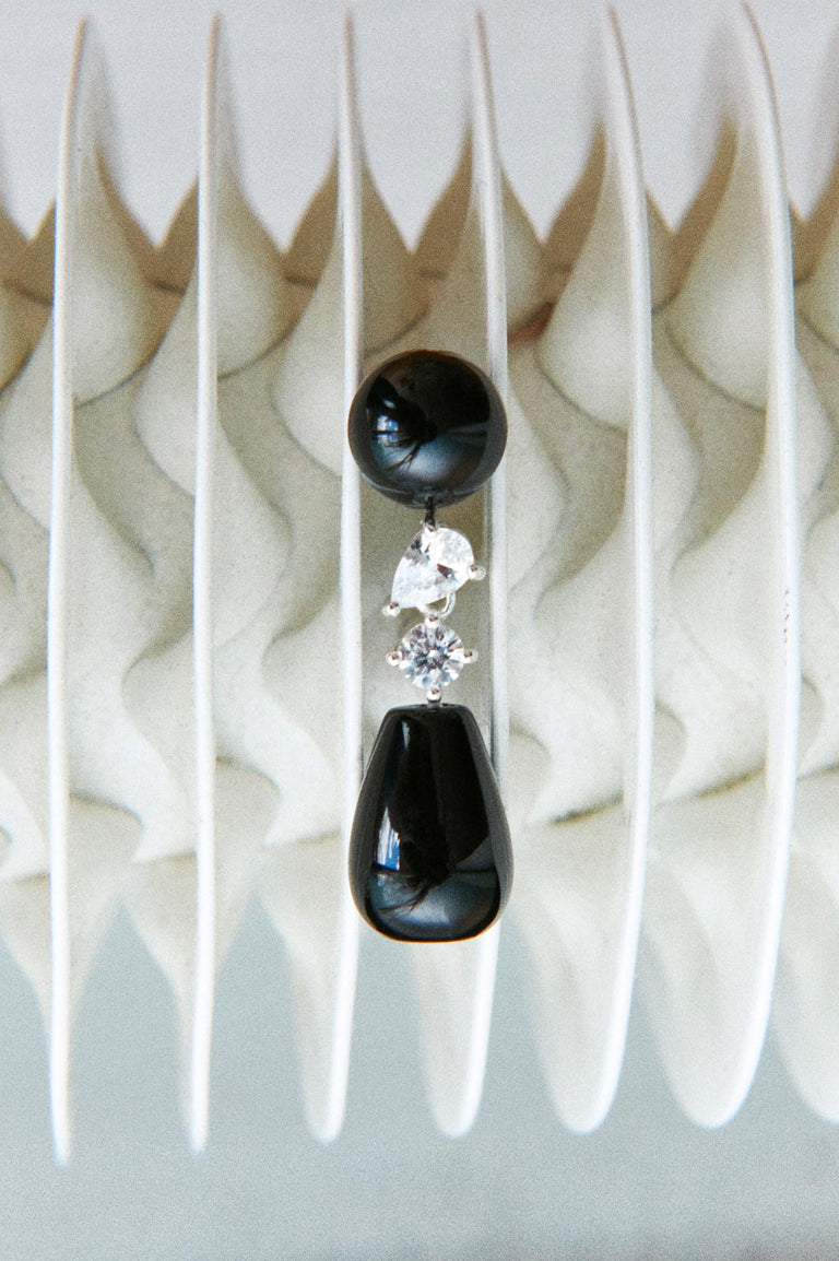 Tarn - Black Onyx and Zirconia Recycled Silver Earrings