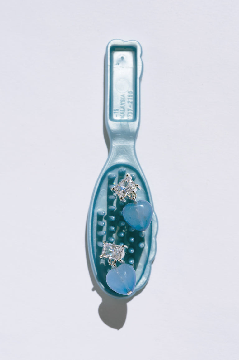 The Heart's Window - Blue Heart Bead and Zirconia Recycled Silver Earrings