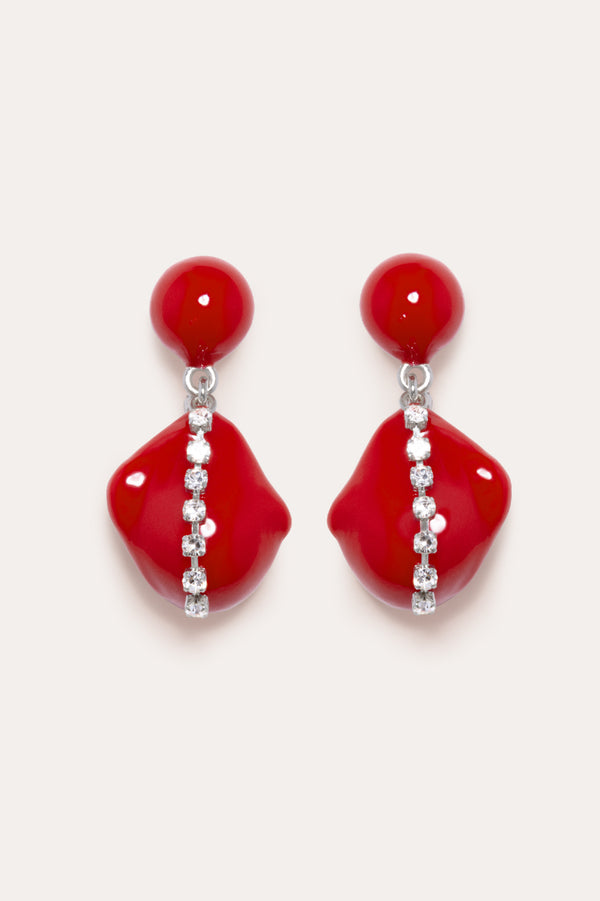 Entre les marées - Boucles d'oreilles en résine rouge et strass plaquées rhodium