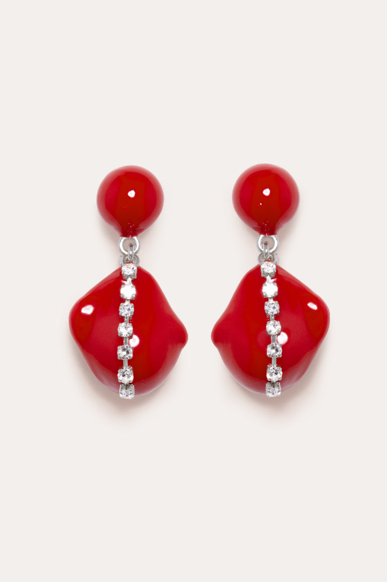 Entre les marées - Boucles d'oreilles en résine rouge et strass plaquées rhodium