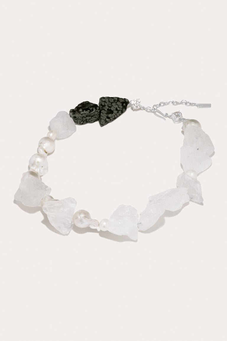 H87 - Collier en argent recyclé perle, oxyde de zirconium, obsidienne flocon de neige et cristal de roche
