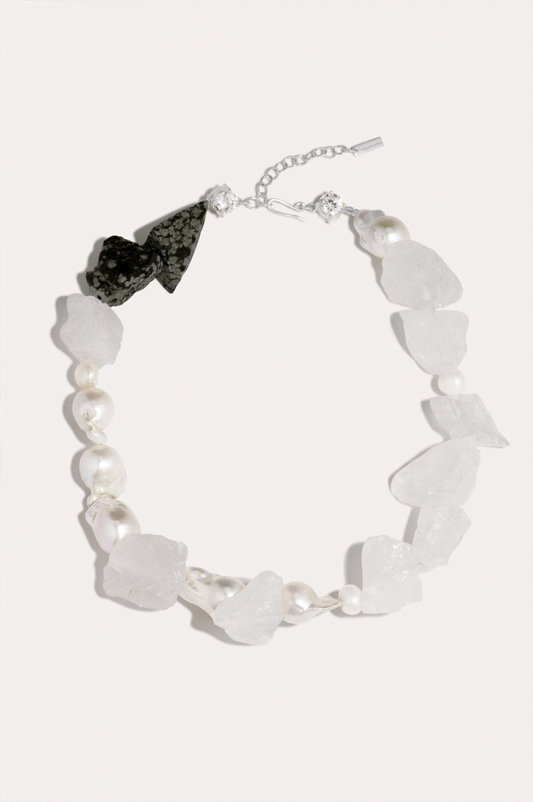 H87 - Collier en argent recyclé perle, oxyde de zirconium, obsidienne flocon de neige et cristal de roche